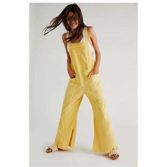 Free People Savannah Yellow Wide-Leg Cotton Overalls Size Medium - Picture 1 of 16